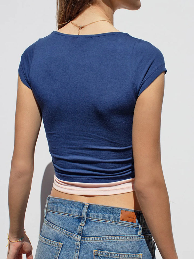 Contrast Patchwork Slim Y2k Cropped T-shirts Blue Square Collar Short Sleeve Basic Summer Top Tees