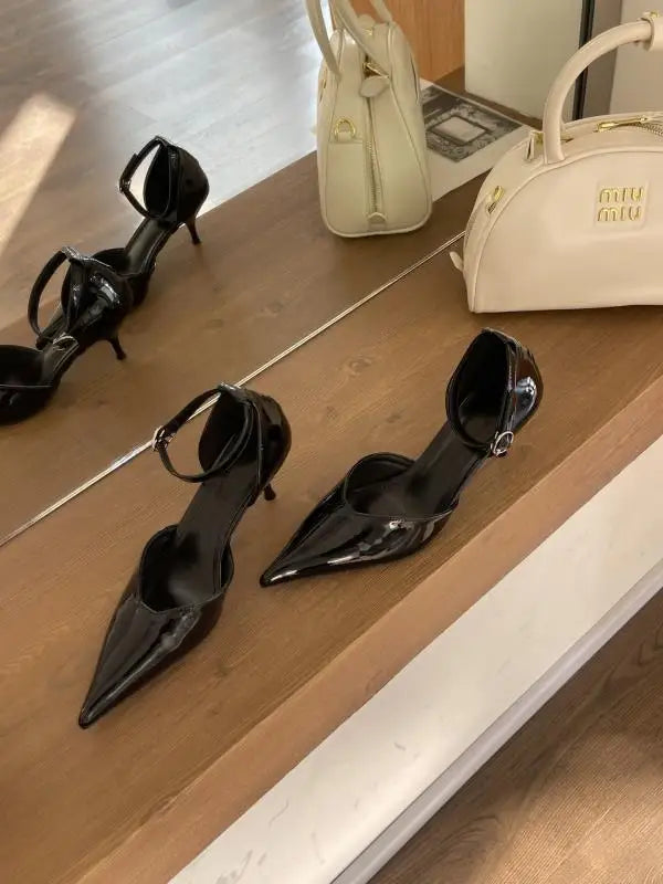 Pointed Heel Sandals Comfort Shoes for Suit Female Beige Black High Leather Low Stiletto Scandals Rubber Fab