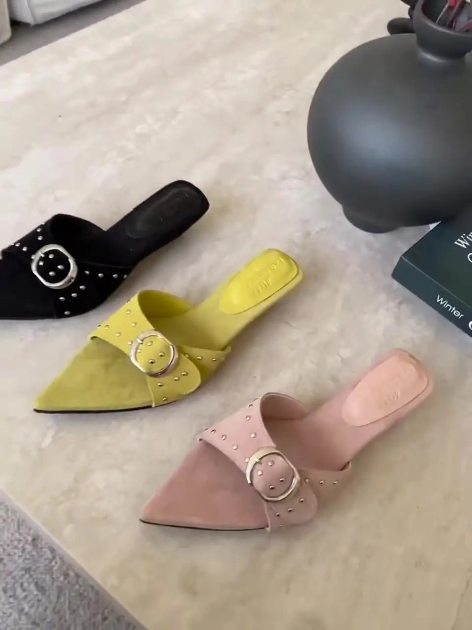Shoes Woman Pointed Toe Slippers Summer Rivet Slides on a Wedge Low Flock Designer Rome Hoof Heels Fabric Rubber Fas