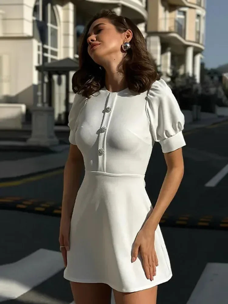 Slim Mini Dress Lace Short Sleeve Doll Collar Button Splice Autumn Classic Office Dresses Female