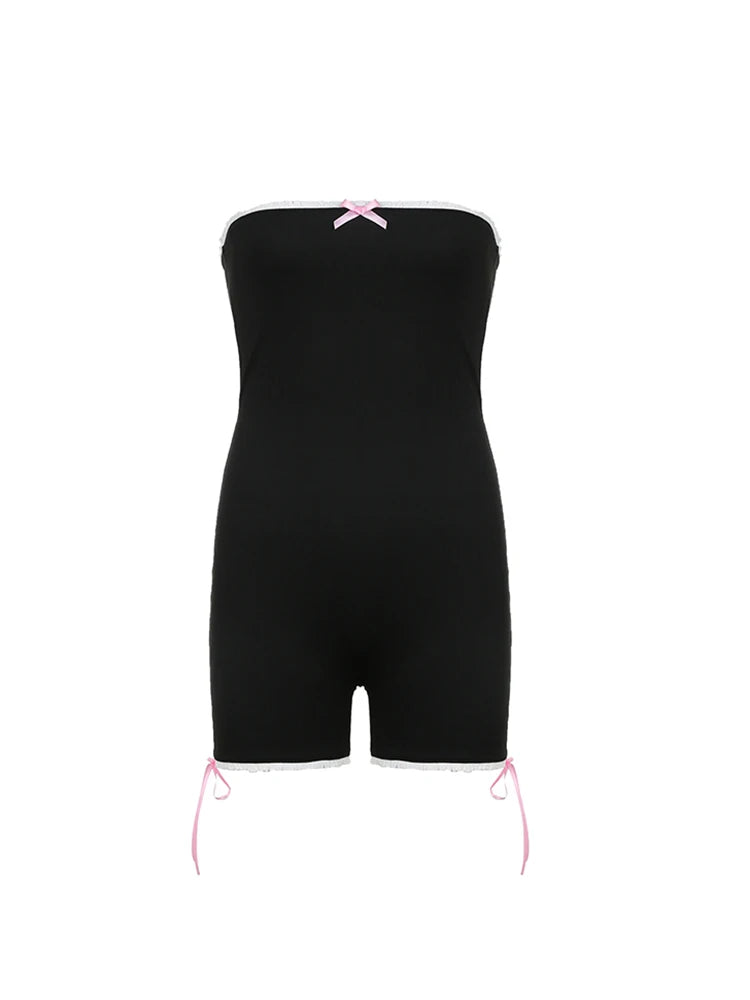 Strapless Contrast Binding Bow Skinny Sleeveless Bodycon Rompers Playsuits