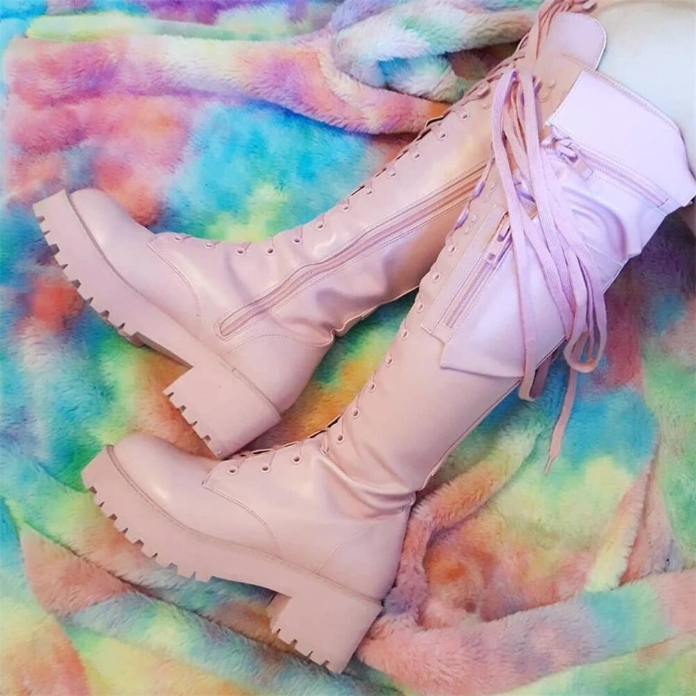Motorcycle Boots Round Toe Laceup Knee High Heels Side Zipper 39 Big Size Goth Punk Shoes