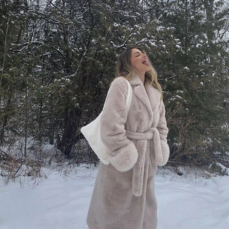 Winter Long Overcoats Oversized Lapel Belted Faux Rabbit Fur Coat Jacket Female Outerwear Plush Fur Coats