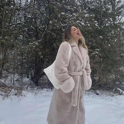Winter Long Overcoats Oversized Lapel Belted Faux Rabbit Fur Coat Jacket Female Outerwear Plush Fur Coats