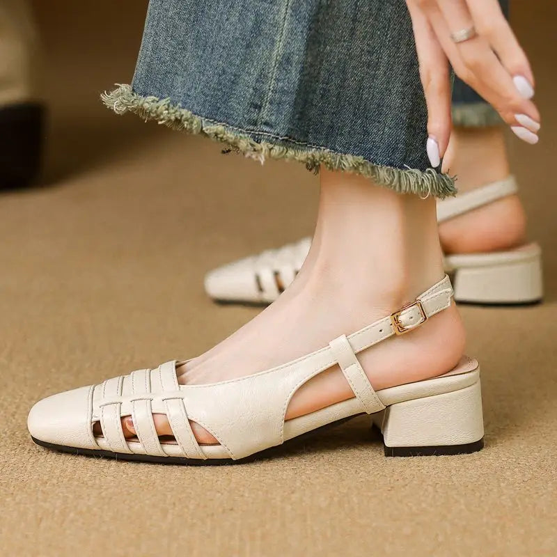 Design Sandals Square Toe Block Heels 3.5cm Back Buckle Strap Big Size 43 Dating Shoes 31 32