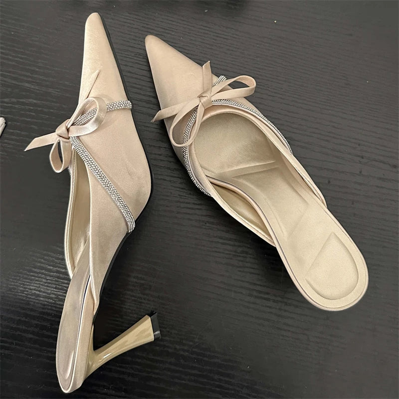 Crystal Butterflyknot Woman Pumps Design Style Low Heels Pointed Toe Shallow Shoes Slides Mules Slippers