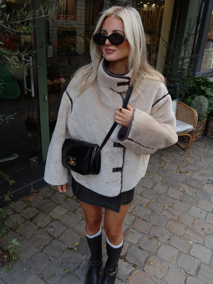 Loose Jackets Woman Spring Standup Collar Long Sleeve Thick Warm Jacket Coat New Outerwear