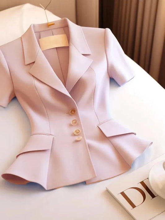 French Highend Suit Coat Summer New Waist Cinching Slimming Commuter Short Sleeve Pink Blazer Tops