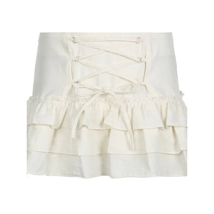 Spring and Summer Korean Retro High Street Low Waist Laceup Mini Cake Skirt Skirt