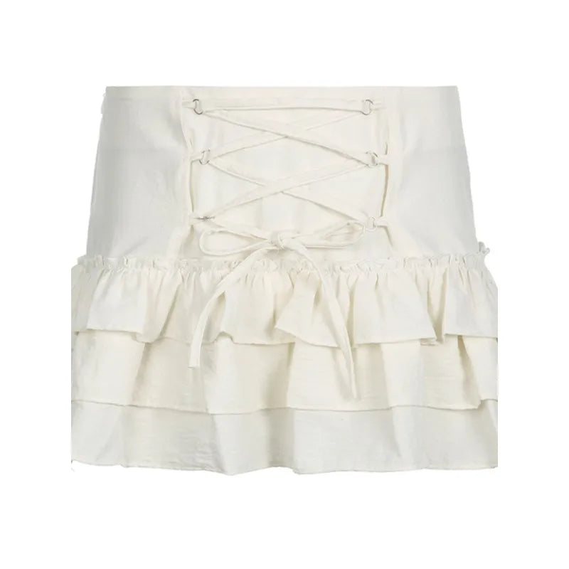 Spring and Summer Korean Retro High Street Low Waist Laceup Mini Cake Skirt Skirt