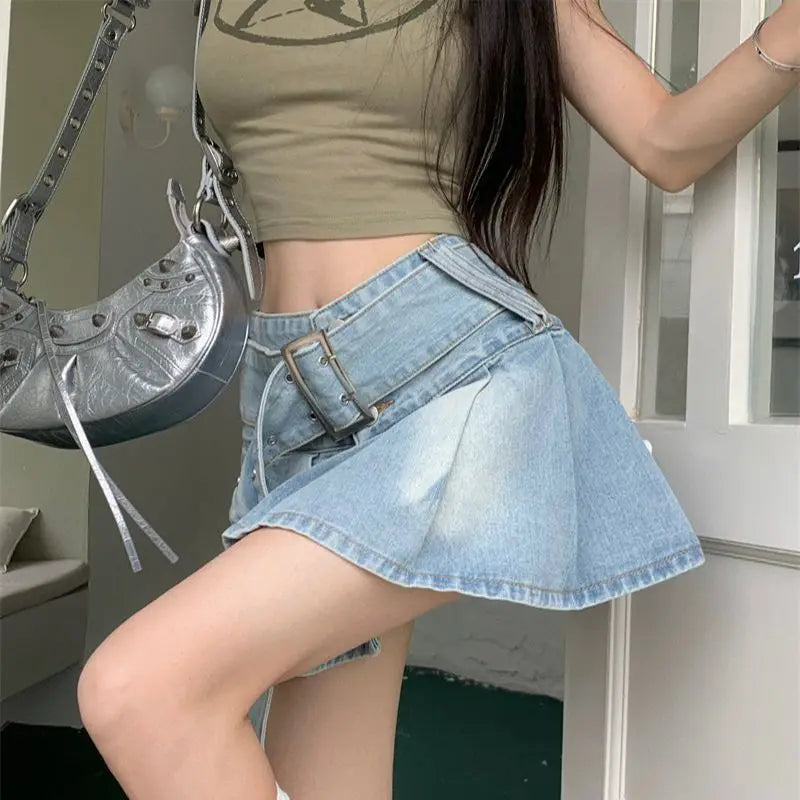 Denim Skirt Summer Korean High Waist Slim Fit Skirt Y2k Belt Split Pleated Short Skirt