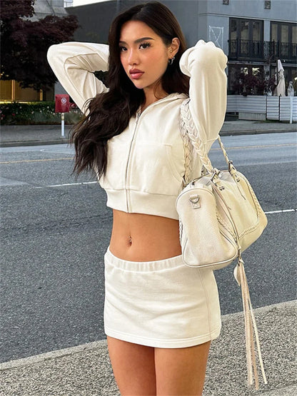 Autumn Hoodie 2 Piece-set Skirt Female Cropped Zipper Cardigan Top and Skirt Sets Tracksuit ’s Outfits