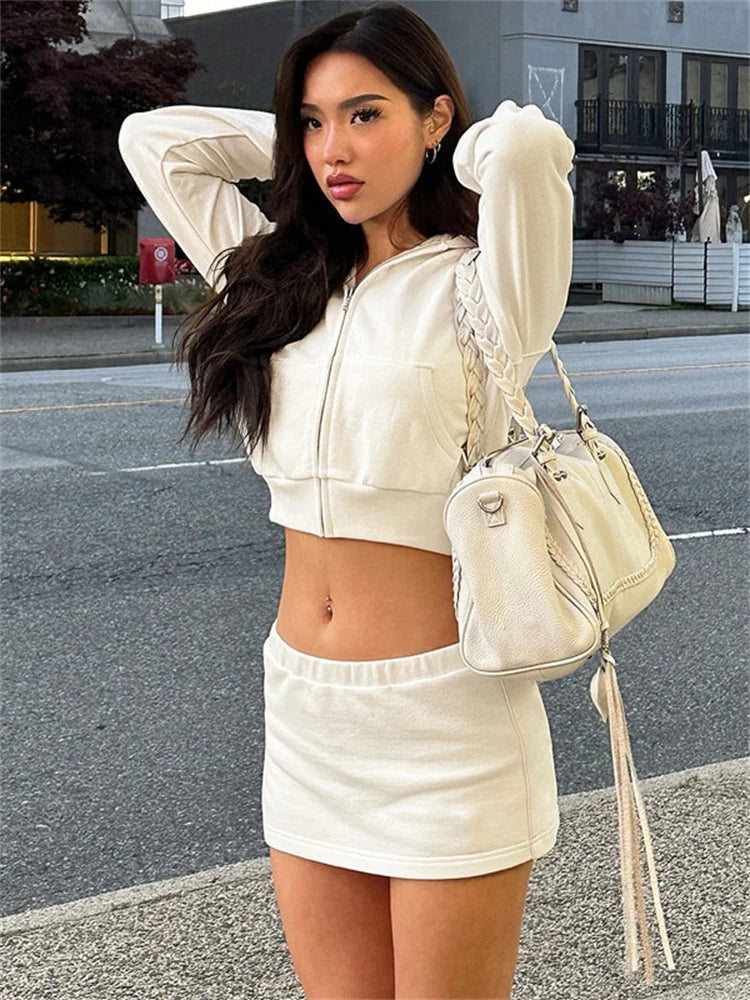 Autumn Hoodie 2 Piece-set Skirt Female Cropped Zipper Cardigan Top and Skirt Sets Tracksuit ’s Outfits