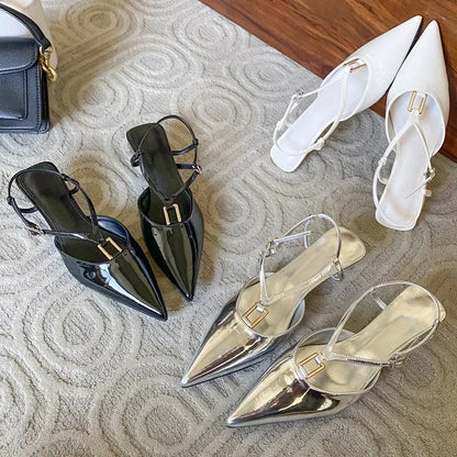 Spring Square Buckle Strap Pumps Sandals Thin Low Heels Pointed Toe Slingback Shoes