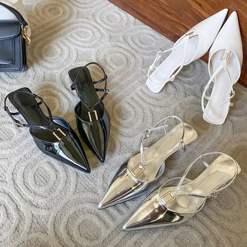 Spring Square Buckle Strap Pumps Sandals Thin Low Heels Pointed Toe Slingback Shoes