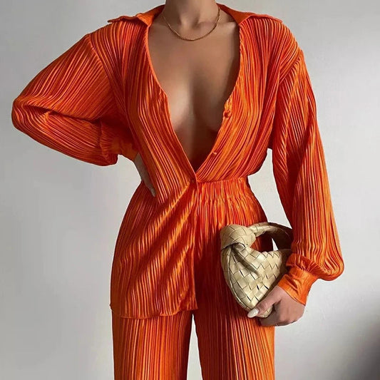 Lapel Single Breasted Shirts+straight Pants Set High Street Loose Outfits High Street Loose 2pc Set