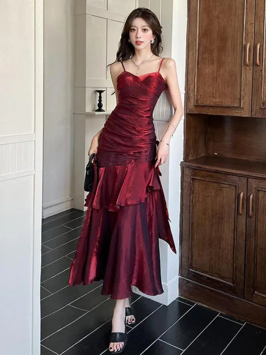 Summer French Red V Neck Sleeveless Ruffle Edge Slip Long Dress Backless Vacation Pleated Evening Party Dress