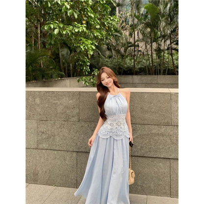 Lace Patchwork Hanging Neck Dress Summer Waist Cinched Sleeveless Spicy Girl Temperament Aline Long Dresses