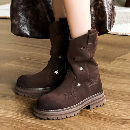 Western Cowgirl Boots Western Chunky Heel Round Toe Platform Star Hollow Retro Cowboy Mid Calf Boots for Shoes