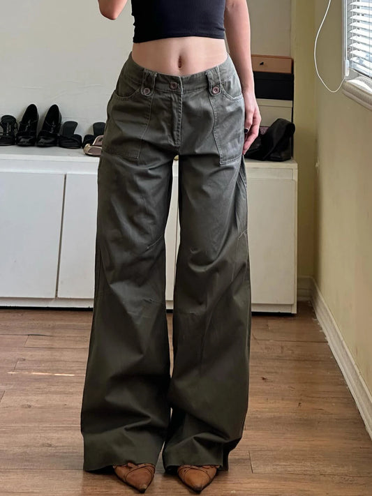 Sweetown Retro Green Low Rise Straight Jeans Woman Y2k Denim Trousers Pockets Cargo Jean Pants