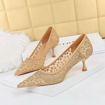 Summer Shoes Banquet Shoes Fine Heel High Heel Pointed Headed Mesh Hollow Lace Shoes