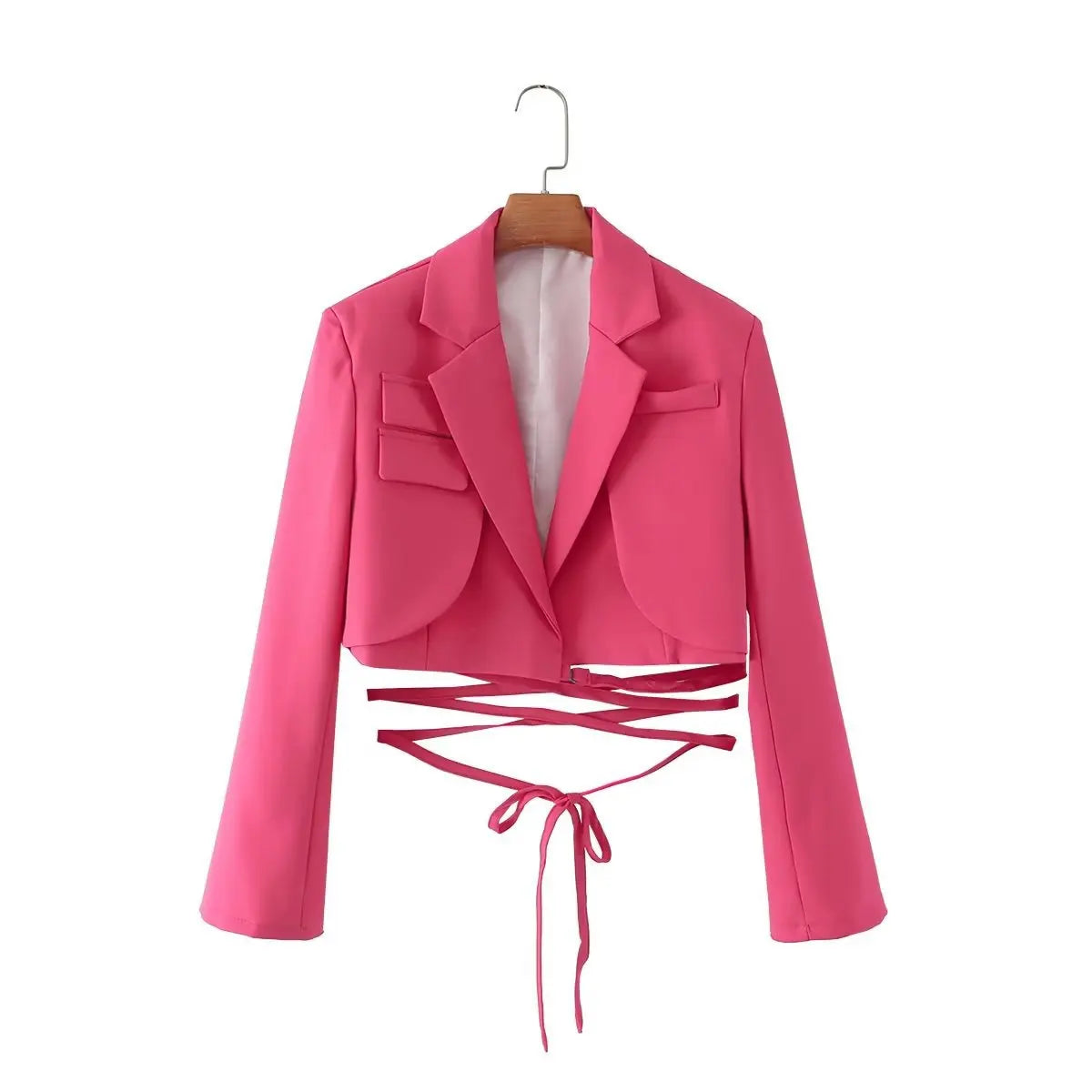 Gray Double Layer Bandage Slim Blazer Desigual Long Sleeve Pocket Short Jacket Female Outwear Crop Tops
