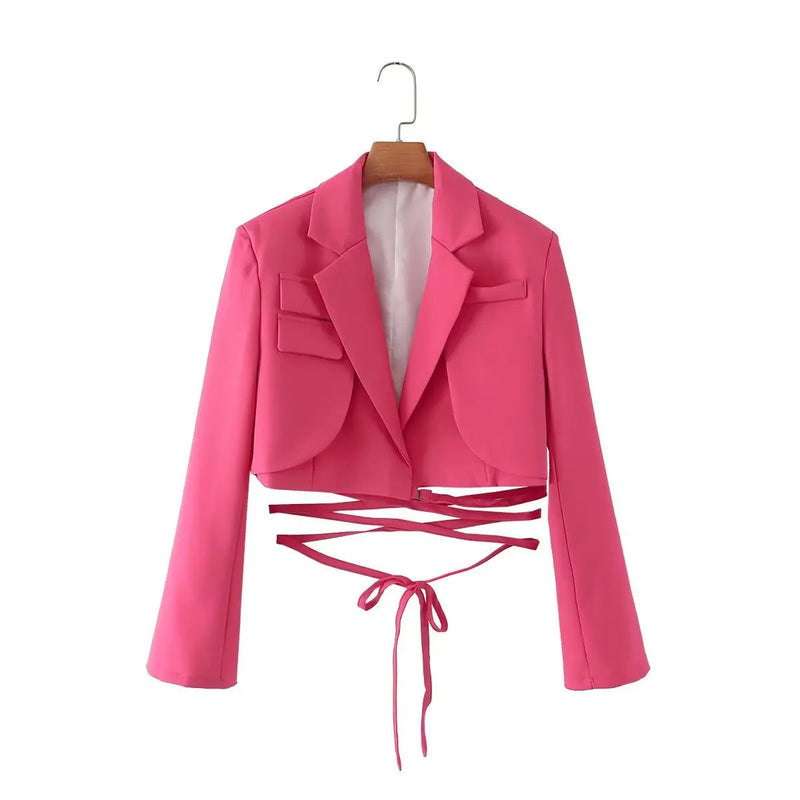 Gray Double Layer Bandage Slim Blazer Desigual Long Sleeve Pocket Short Jacket Female Outwear Crop Tops