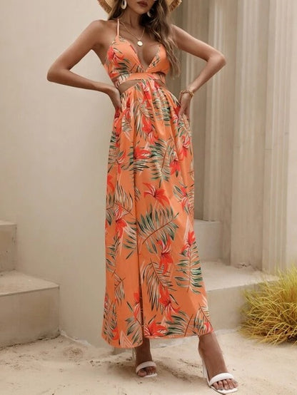 Print Halter Neck Slit Dresses Deep V-neck Hollow Out Backless Bowknot Leace-up Long Dress Female Vestidos