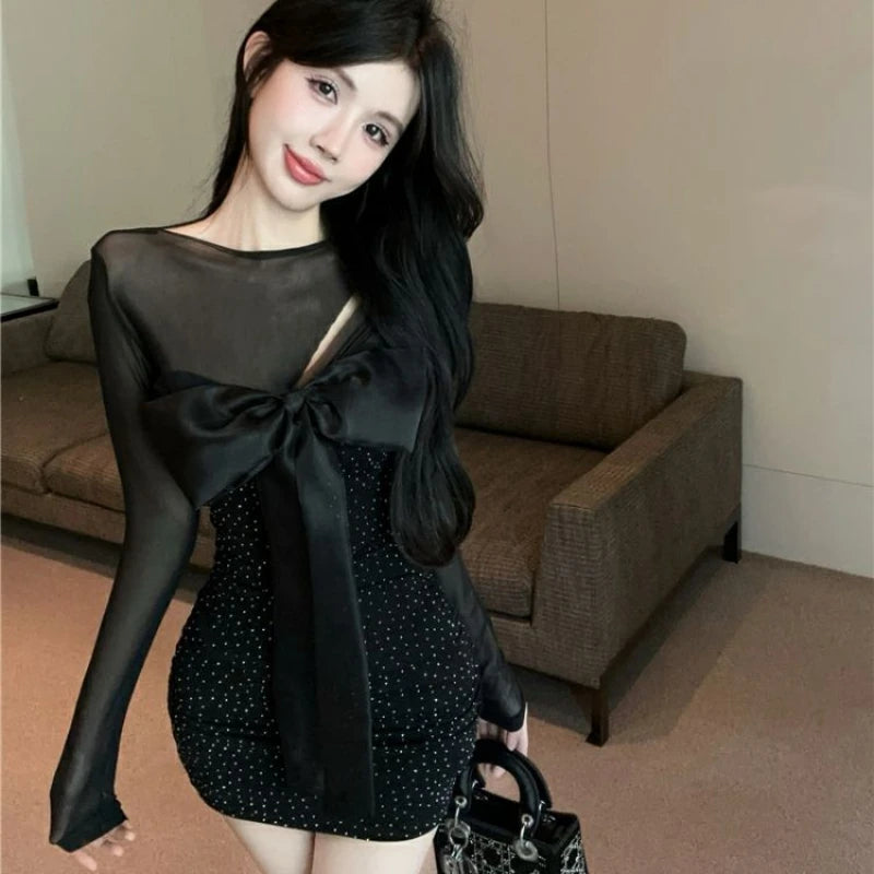 Mini Dresses Mesh Patchwork Bow Hollow Out Slim Shiny Long Sleeve Dress Party Club Female