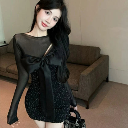 Mini Dresses Mesh Patchwork Bow Hollow Out Slim Shiny Long Sleeve Dress Party Club Female