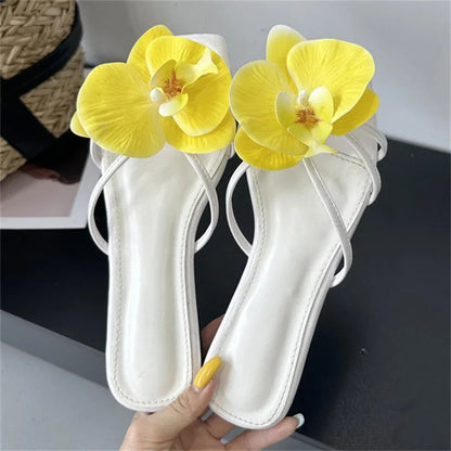 Summer Flower Narrown Band Low Heels Slippers Square Toe Beach Shoes Size 3543