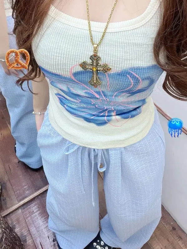 Summer Hot Retro American Lazy Style Straight Tube Loose Mid Low Waist Drawstring Plaid Pants