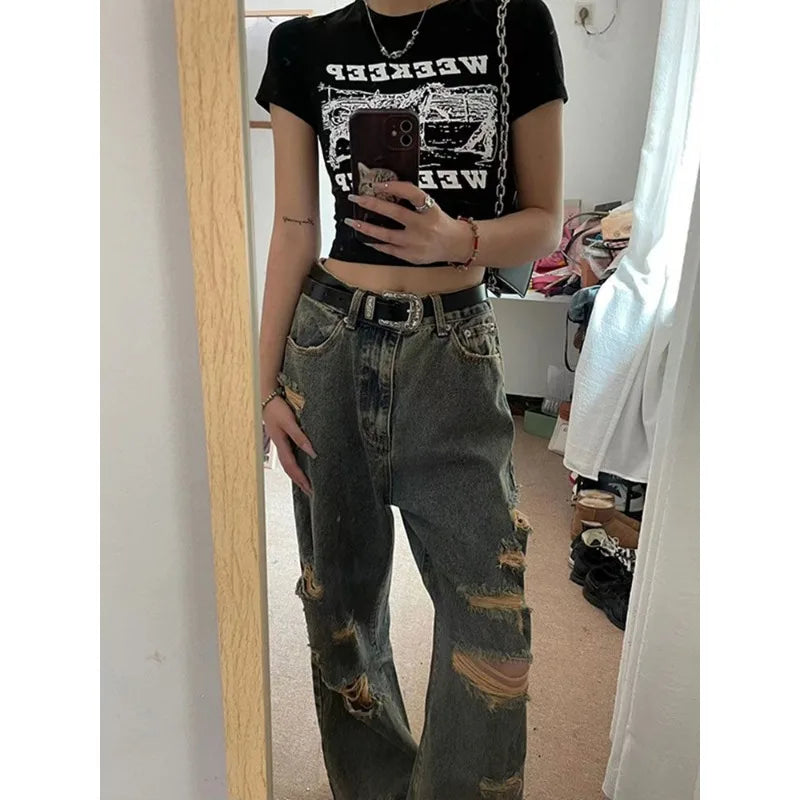 Baggy Woman's Ripped Jeans Y2k Hip Hop Oversize Denim Pants America High Street Retro Grunge Trousers Korean Style