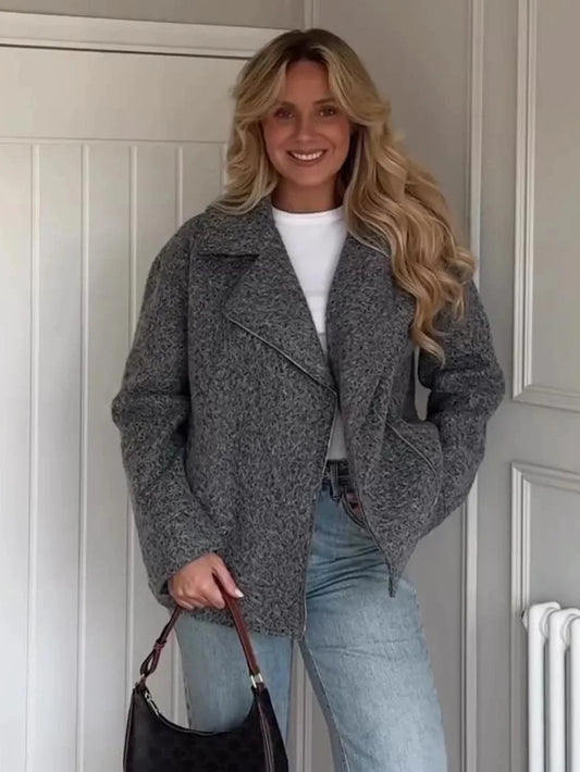 Gray Simple Woolen Jacket Woman Autumn Winter Turn Down Collar Long Sleeve Jackets Coat Female New Outerwear