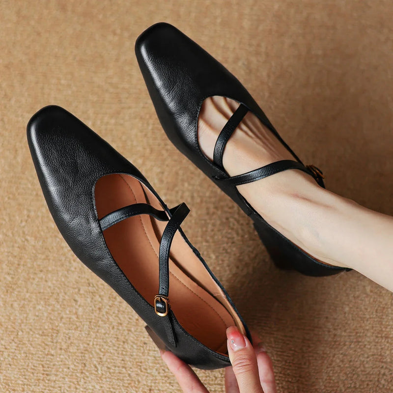 Genuine Leather Square Toe Slipon Pumps 4cm Thick Low Heel Ol Style Narrow Band Cross Strap Slim Shoes
