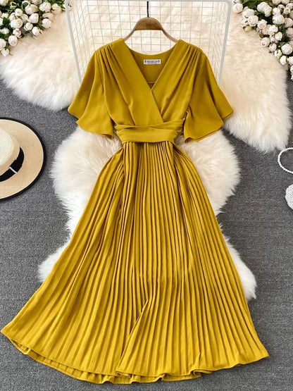 Pleated Dress Summer Short Sleeve V-neck Dresses a Line High Waisted Midi Dress