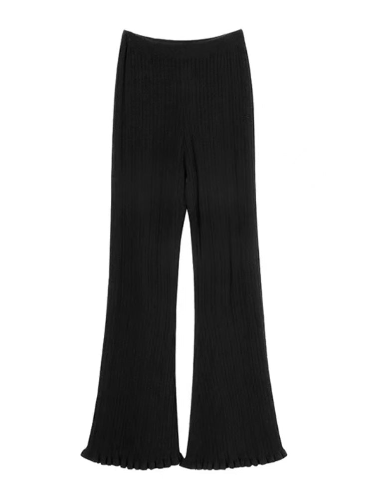 Black Knitted Rib Pants Tassels Flared Trousers Leggings Boot Cut Korean High Waist Autumn Winter Bottoms