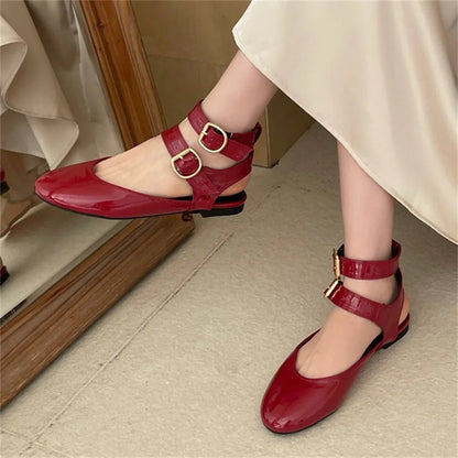 New Design Narrow Band Buckle Strap Flats Shoes Round Toe Party Dress Shoes Big Size 43