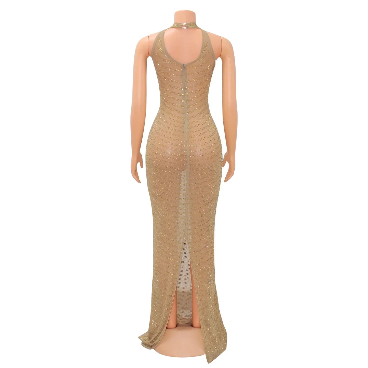 Gold Rhinestone Mesh Prom Maxi Dress Long See Through Outfits Party Diamond Night Club Bodycon Dresses