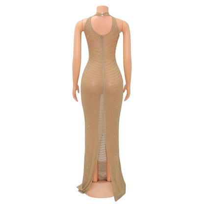 Gold Rhinestone Mesh Prom Maxi Dress Long See Through Outfits Party Diamond Night Club Bodycon Dresses