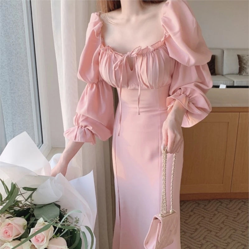 Autumn New Bodycon Midi Dresses for Puff Sleeve Square Collar High Split Office Lady Korean Evening Party Dress