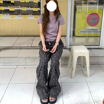 Summer Hot Retro Internet Celebrity Korean New Straight Tube Loose Wave Embroidery Pants Trend