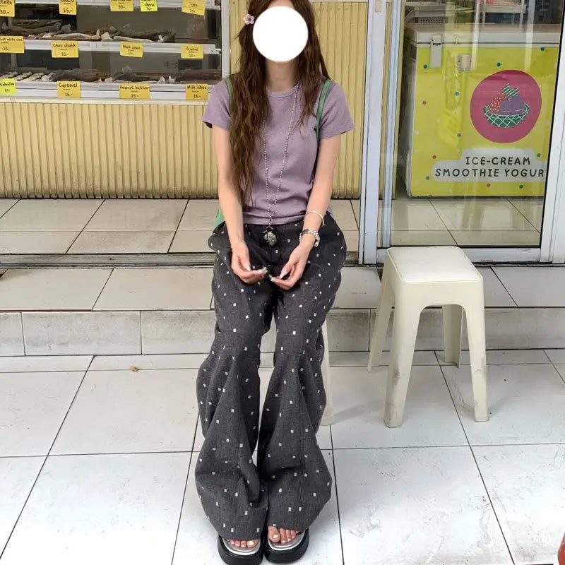 Summer Hot Retro Internet Celebrity Korean New Straight Tube Loose Wave Embroidery Pants Trend