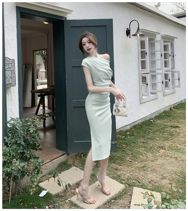 French Temperament Celebrity Wind Strapless Oblique Collar Dress Female Spring and Summer Slim Open Package Hip Long Dress