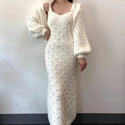 Sweet Hot Girl Suit Autumn and Winter Singlebreasted Lantern Sleeve Knitted Cardigan Slim Strap Dress Twopiece Set