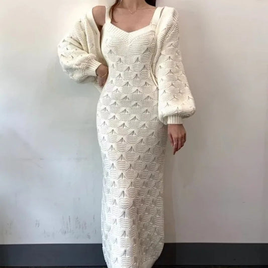 Sweet Hot Girl Suit Autumn and Winter Singlebreasted Lantern Sleeve Knitted Cardigan Slim Strap Dress Twopiece Set