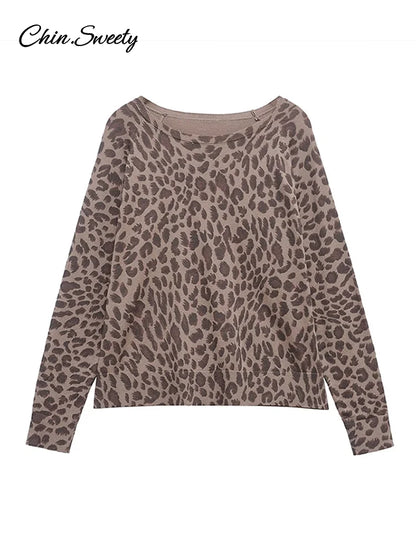 Leopard Knit Pullover Loose Round Neck Long Sleeves Sweater Tops Spring Summer Lady Y2k