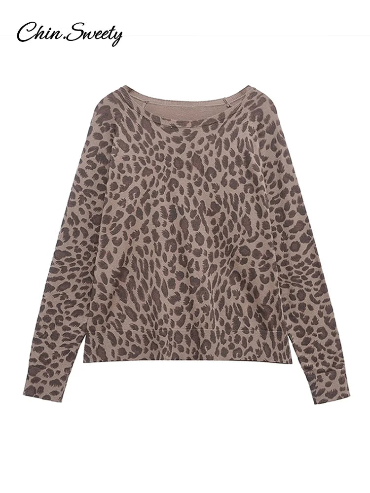 Leopard Knit Pullover Loose Round Neck Long Sleeves Sweater Tops Spring Summer Lady Y2k