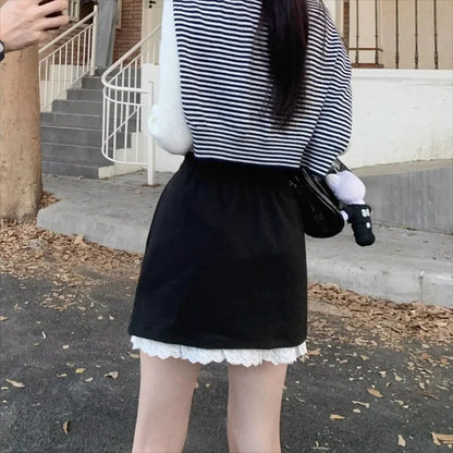 Contrast Color Patchwork Aline Skirt Spring New High Waist Lace Up Bow Slim Mini Skirt