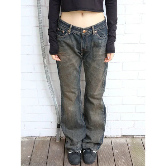 Retro Jeans Famale Clothing Loose Jeans Low Waist Y2k Aesthetics Baggy Flared Pants
